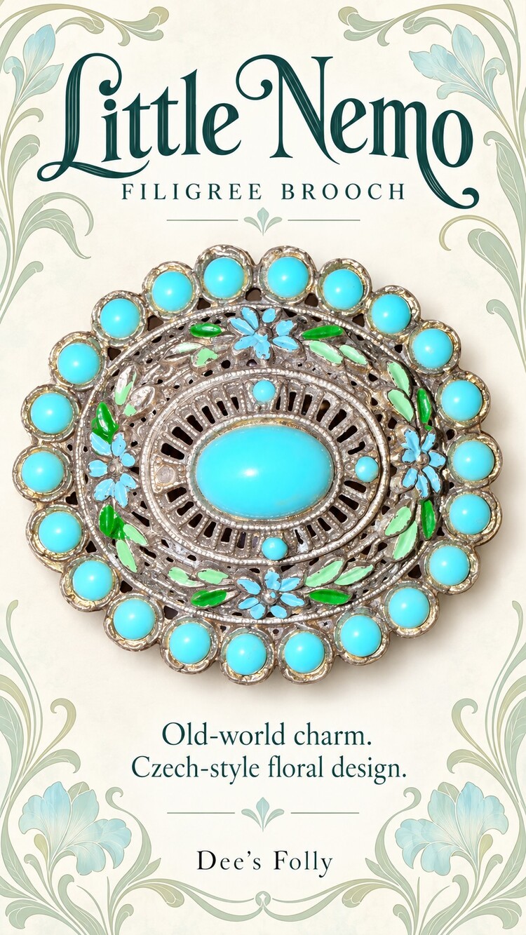 DFA.017 Signed Little Nemo Filigree Brooch - Turquoise Glass Cabochons, Painted